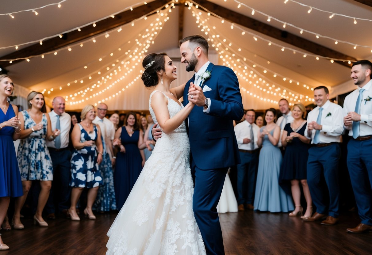 A couple dances under twinkling lights, surrounded by friends and family, as their wedding song plays