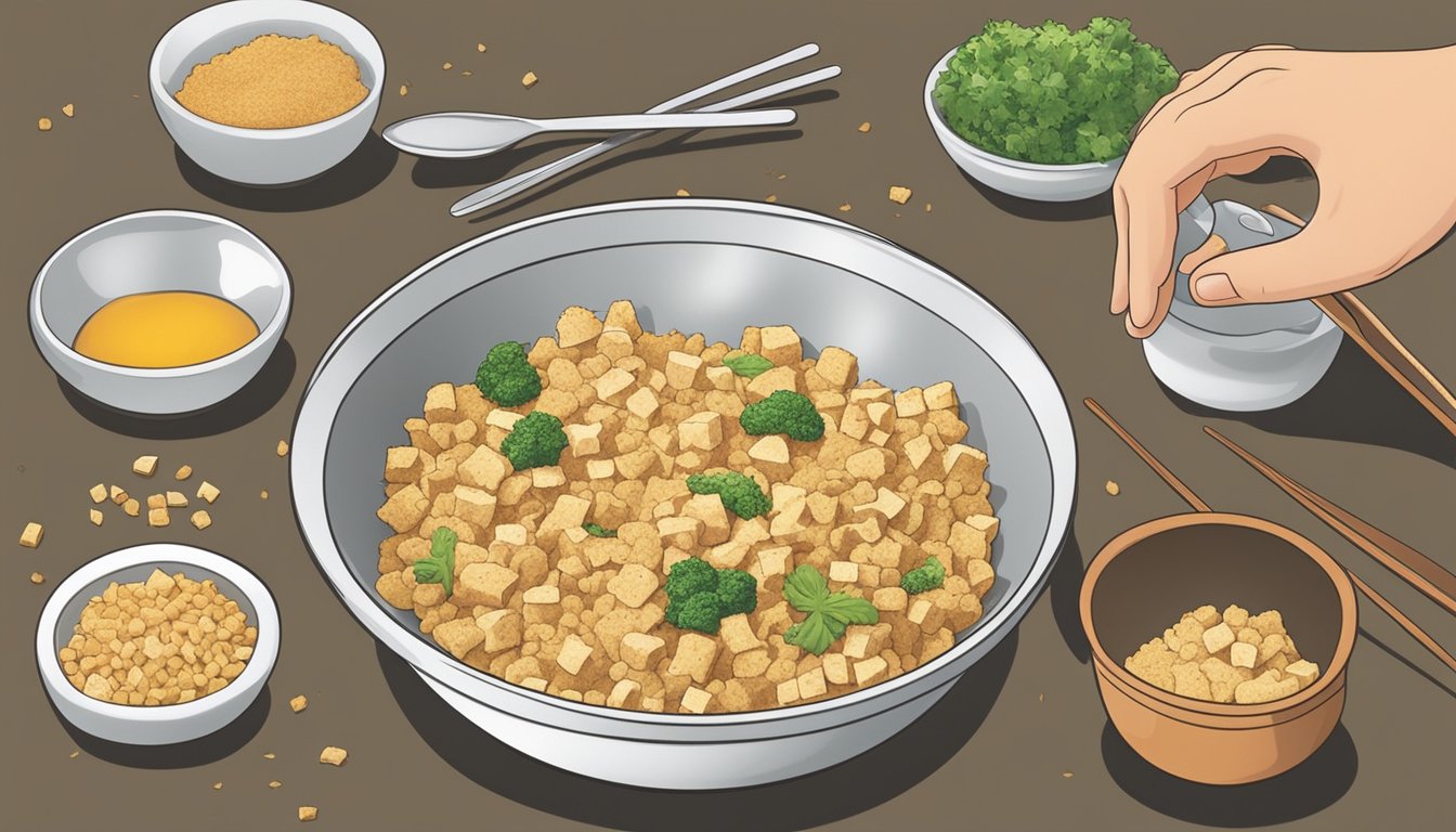 A chef mixes and seasons a bowl of tofu crumbles as a substitute for ground chicken in a stir-fry dish