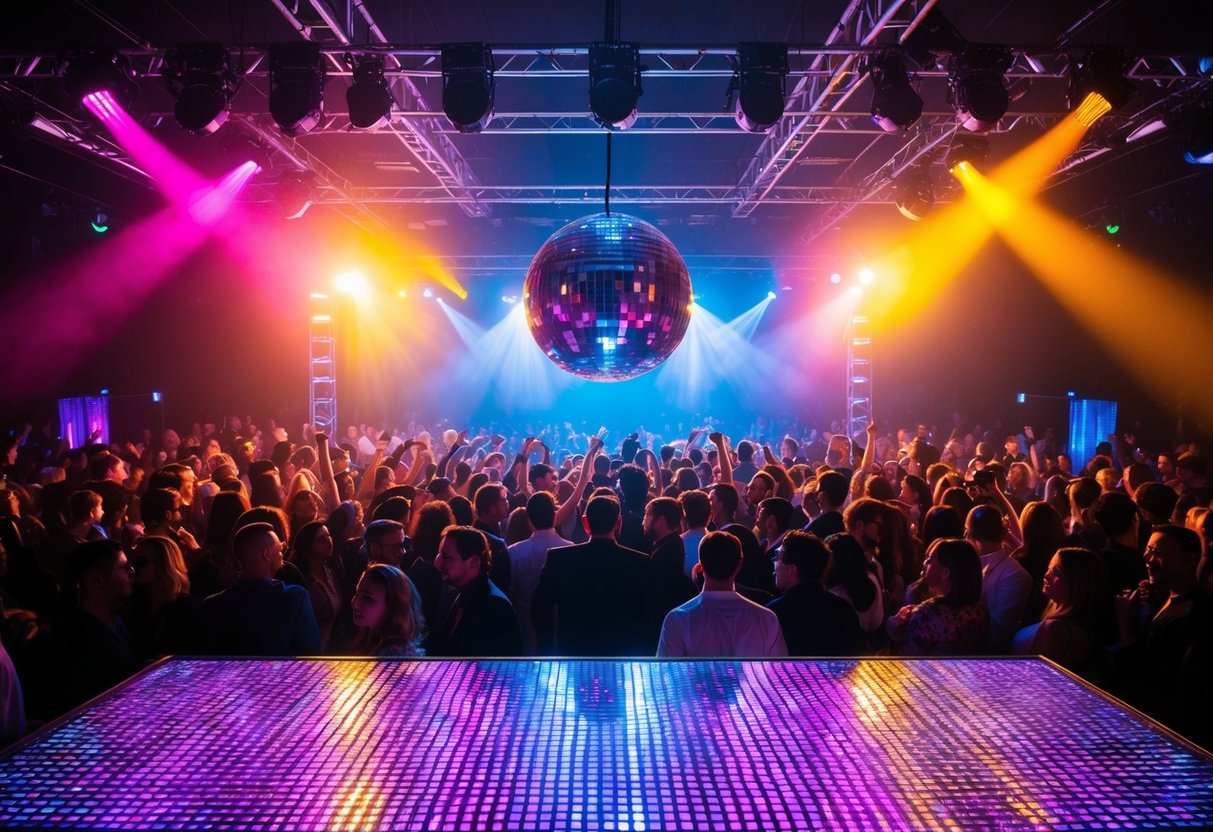 Colorful lights flash, music thumps, and a disco ball spins above a packed dance floor