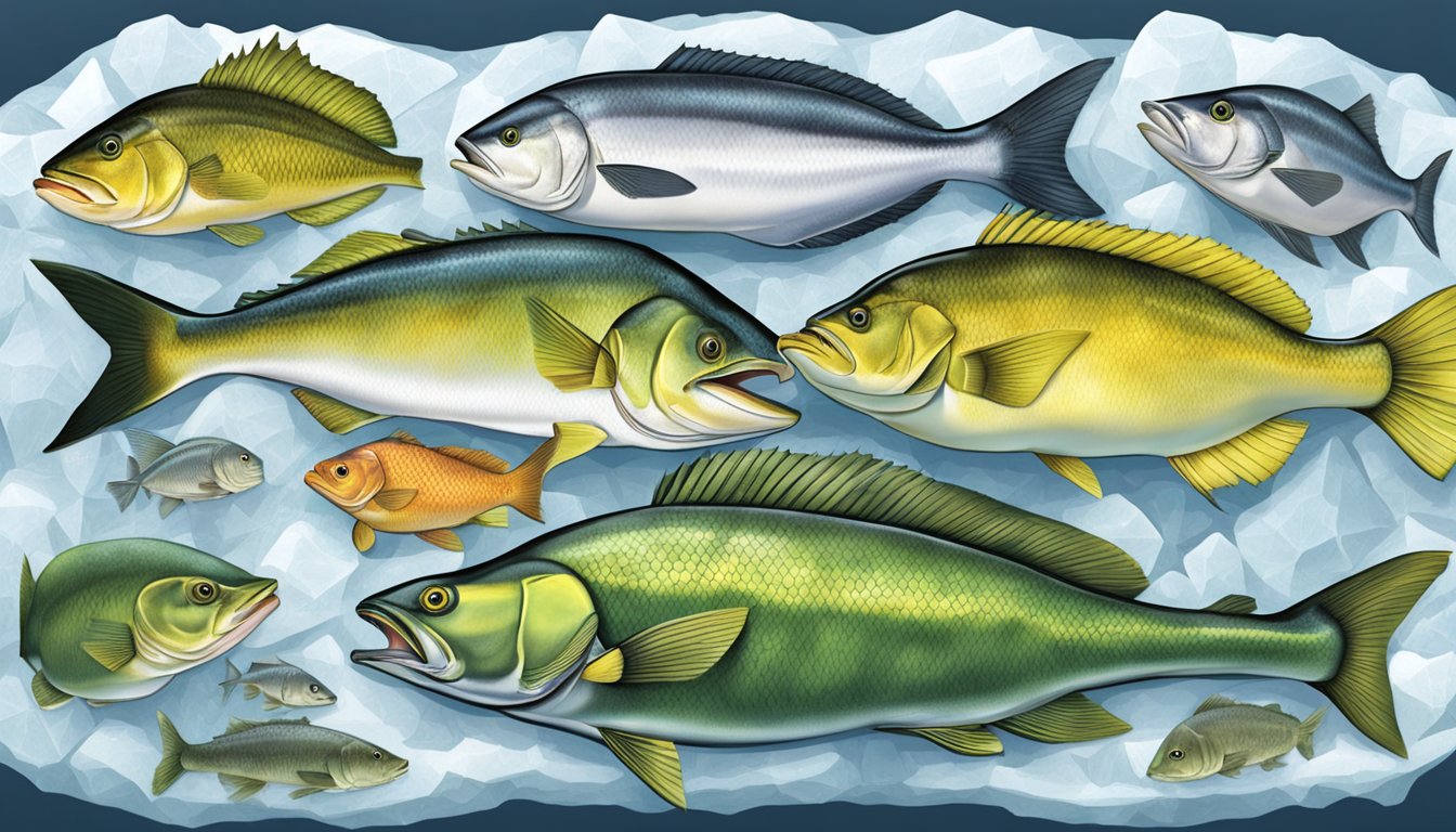 A variety of fish such as snapper, sea bass, and mahi-mahi arranged on a bed of ice