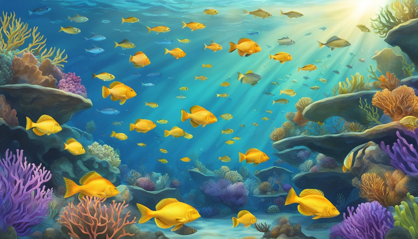 A school of colorful fish swimming among coral reefs, with a group of grouper substitutes made from sustainable materials placed near the ocean floor