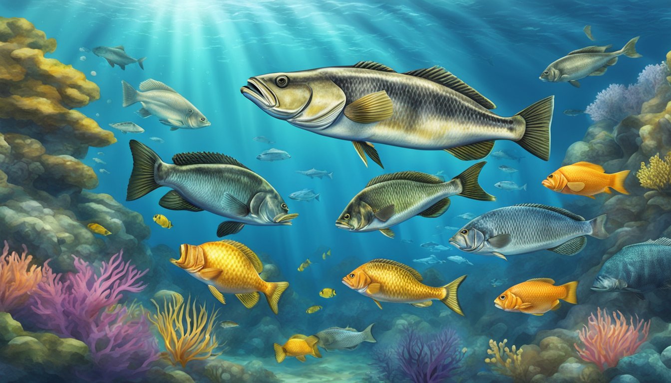 A colorful underwater scene with various types of fish swimming, including grouper substitutes like barramundi and black sea bass