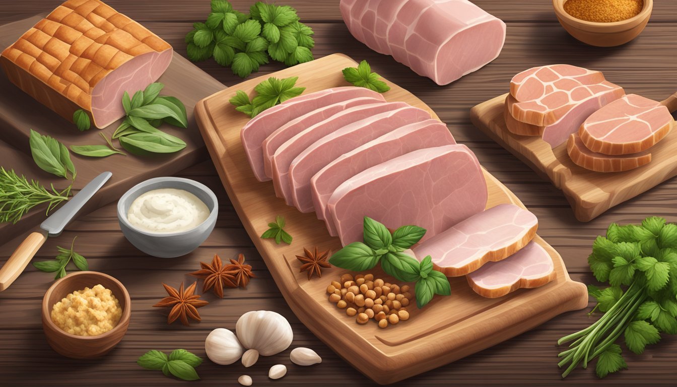 A variety of ham substitutes, such as tofu, seitan, and tempeh, arranged on a wooden cutting board with fresh herbs and spices