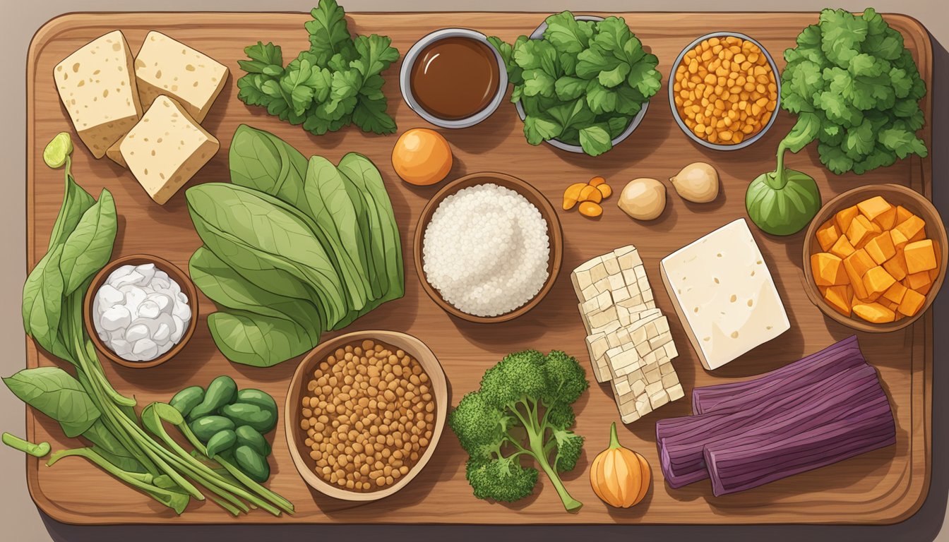 A colorful array of plant-based ingredients, such as tofu, tempeh, and seitan, arranged on a wooden cutting board