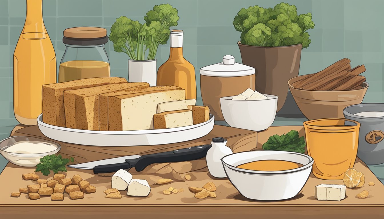 A kitchen counter with various ingredients such as tofu, seitan, and tempeh arranged next to a cutting board and knife