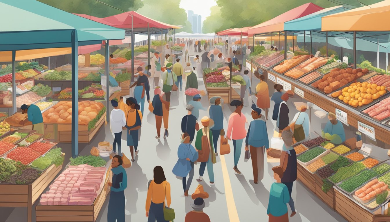 A bustling market with colorful displays of various plant-based ham substitutes from different cultural and regional backgrounds