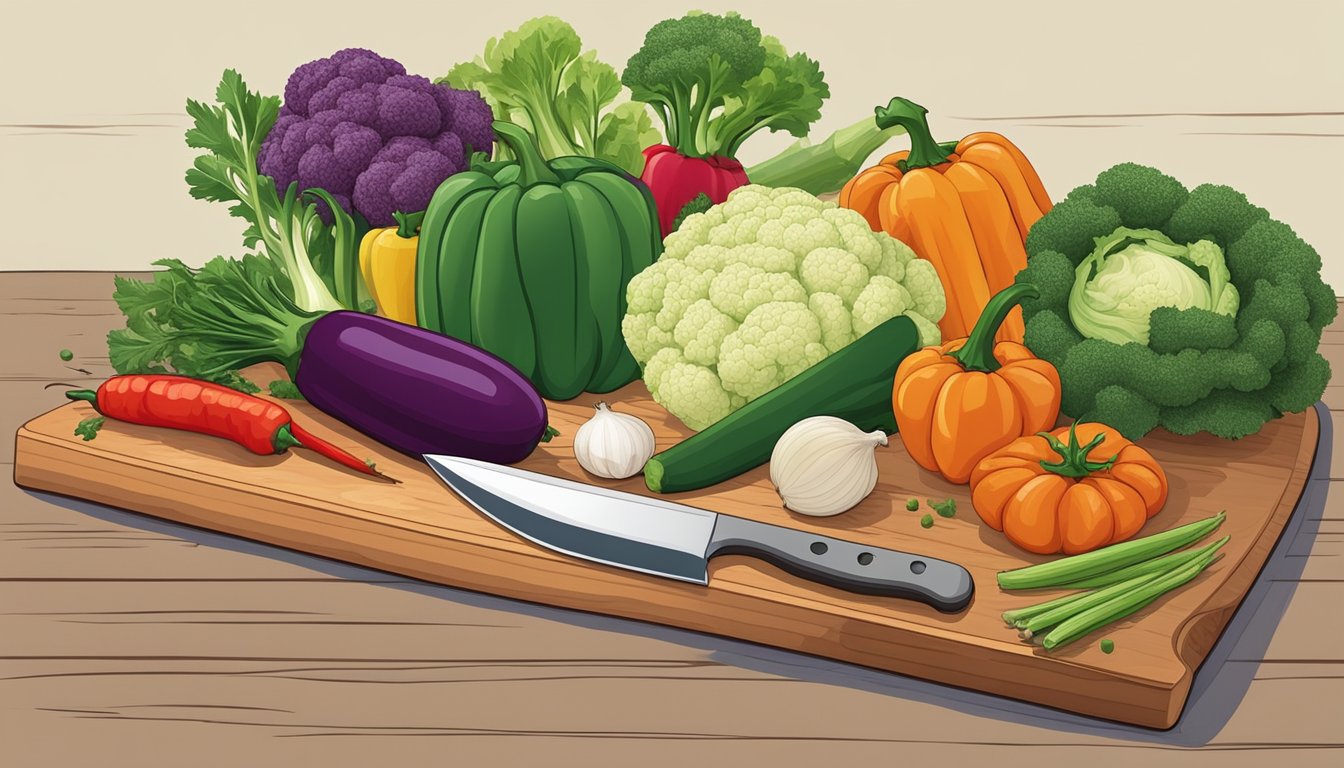 A variety of vegetables and spices arranged on a cutting board, with a knife and cutting board in the background