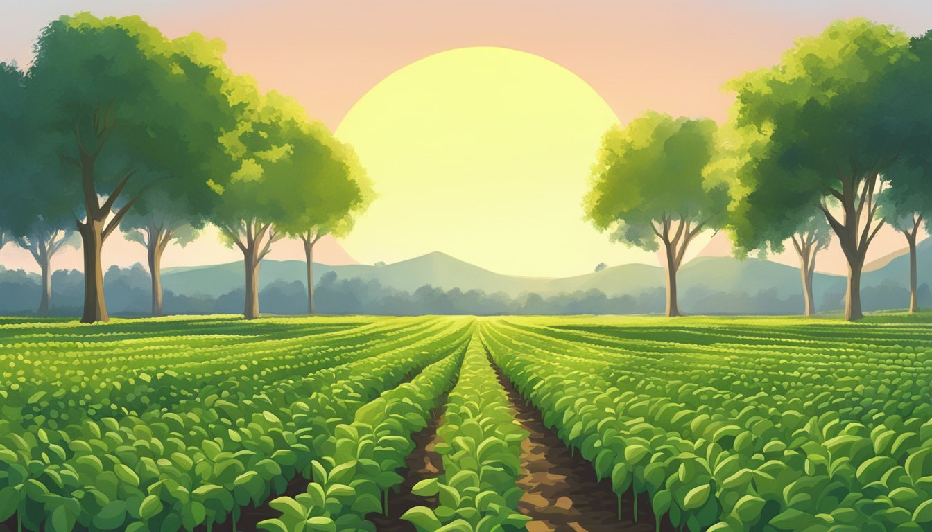 A field of guar beans growing tall and green, with the sun casting long shadows across the rows