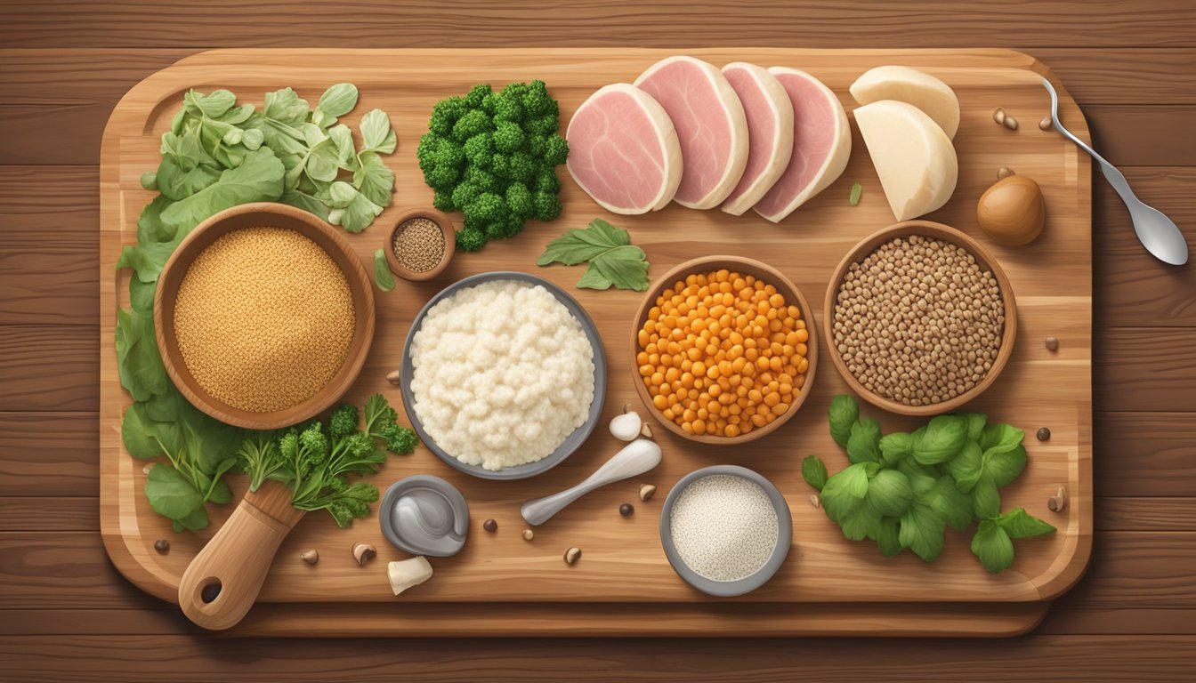 A variety of alternative ingredients to ground turkey arranged on a wooden cutting board, including lentils, tofu, mushrooms, and quinoa