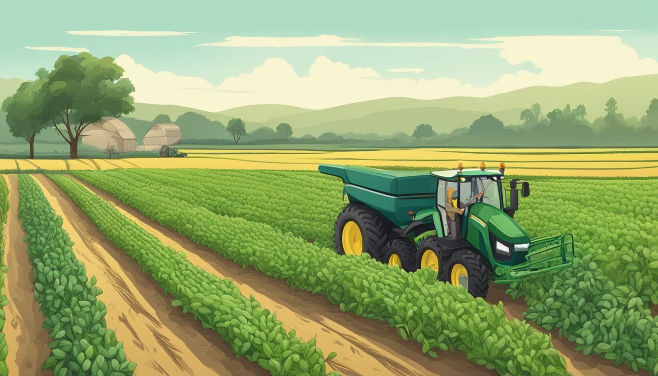 A farmer harvesting alternative guar bean substitutes in a lush field