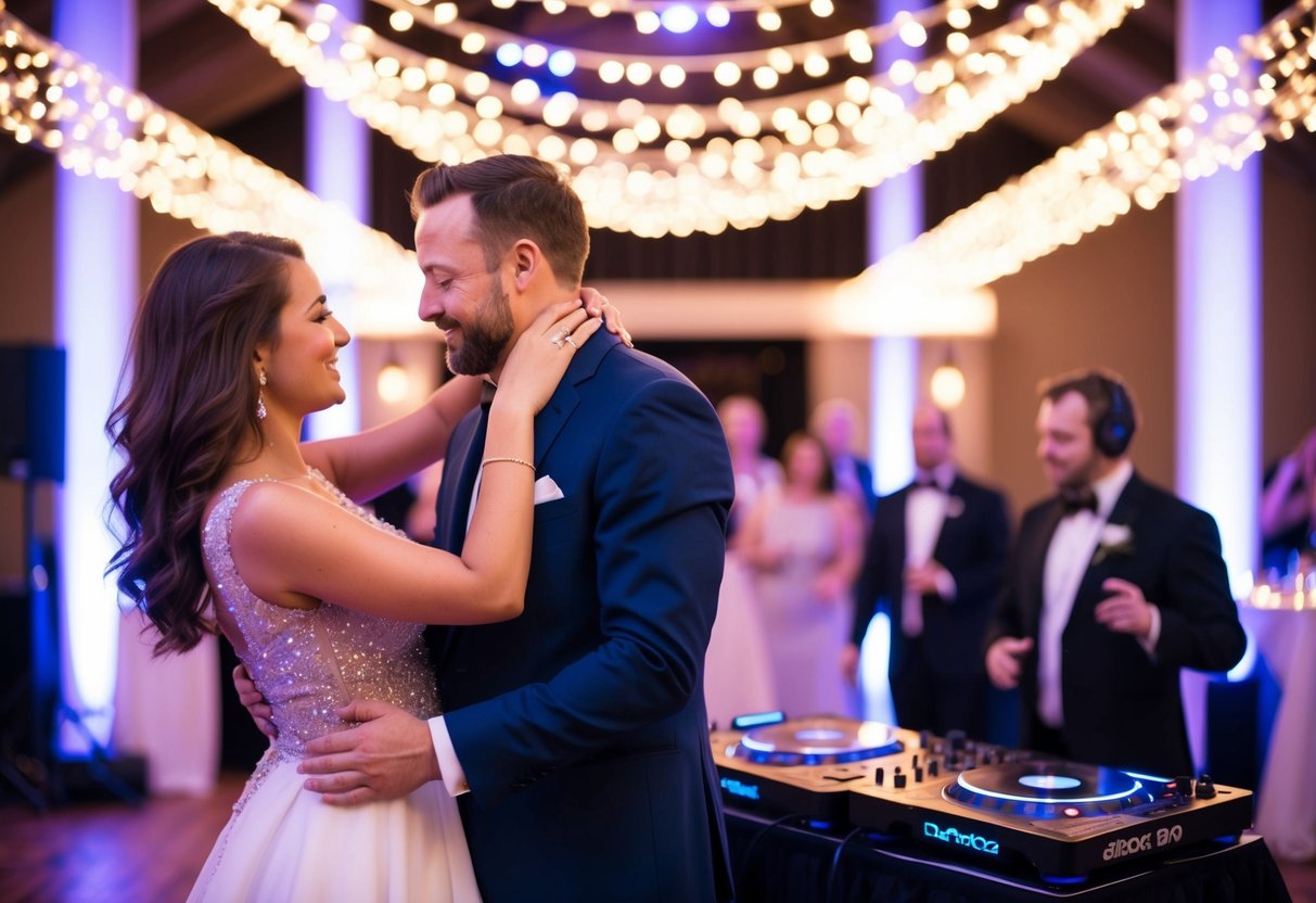 A couple dances under twinkling lights, as a DJ selects the next song