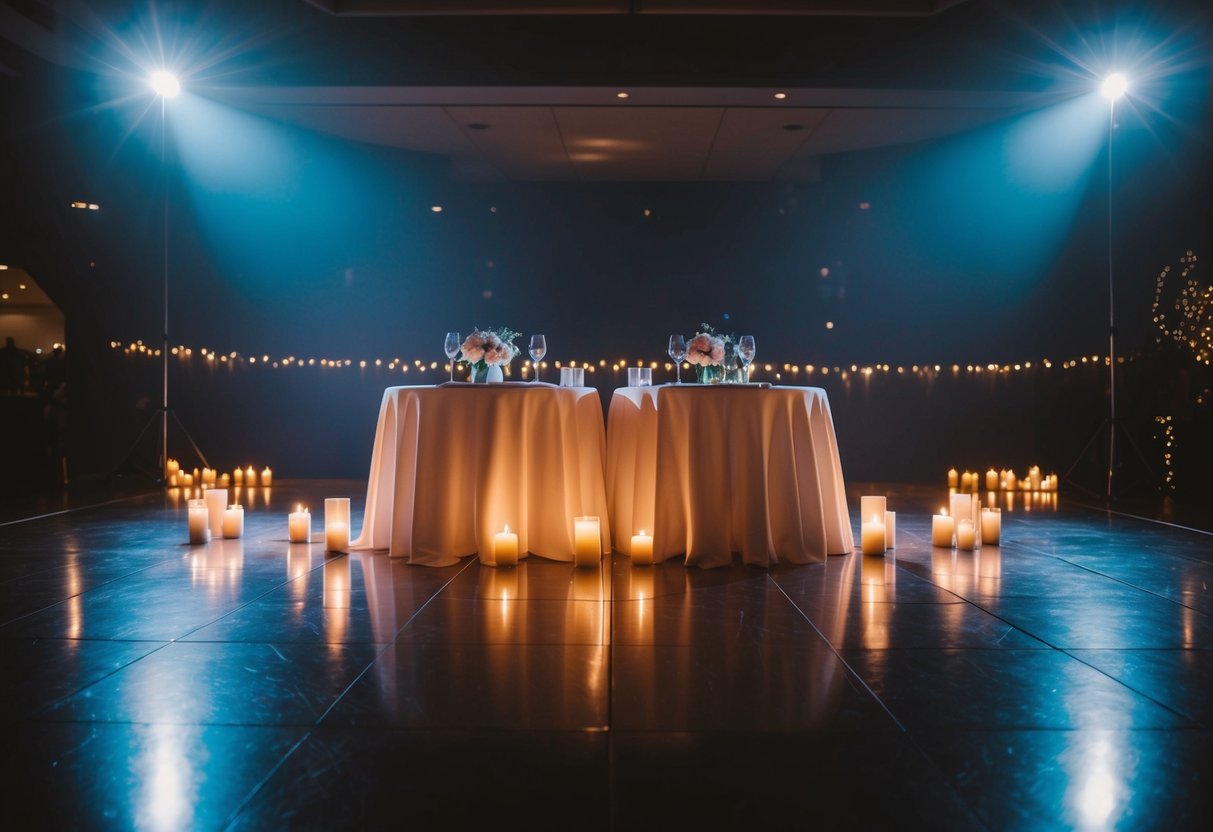 A dimly lit dance floor with a spotlight on a couple's empty table, surrounded by glowing candles and soft, romantic music playing in the background