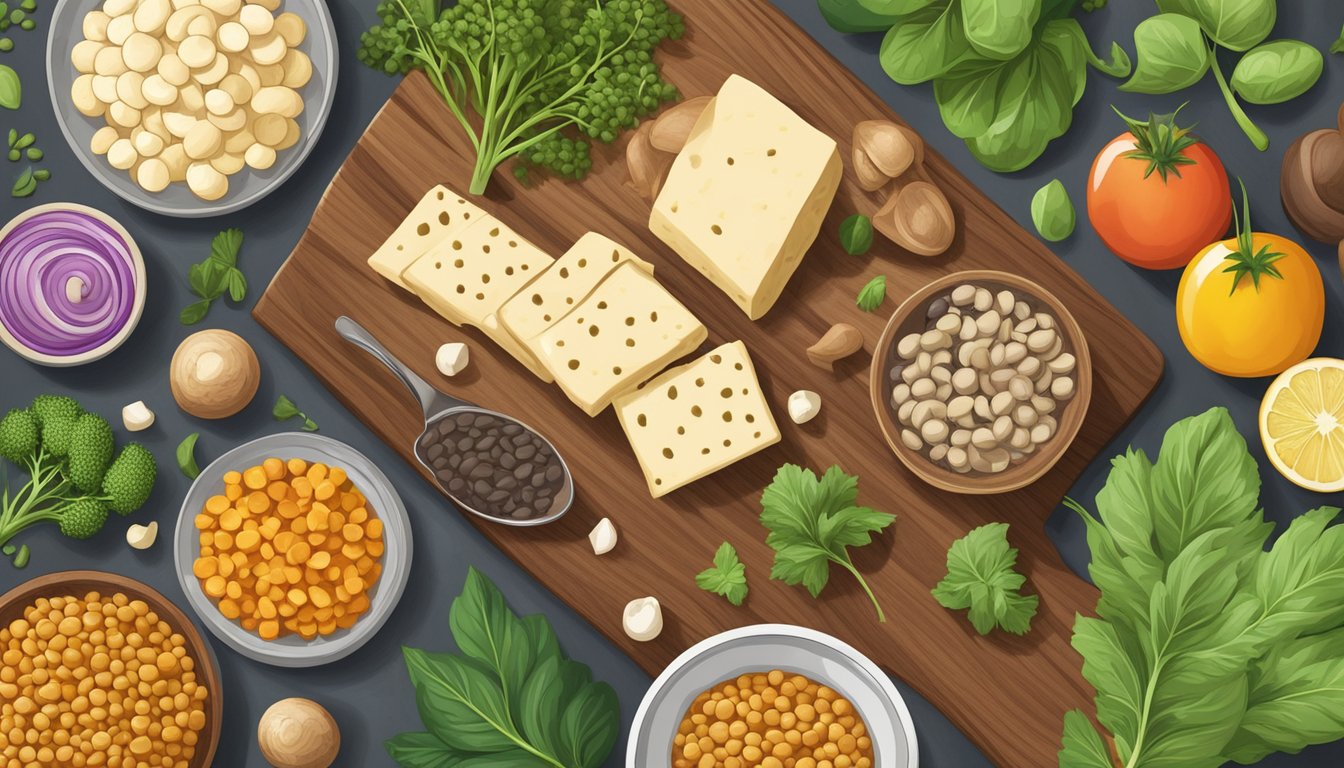 A colorful array of plant-based ingredients, such as lentils, mushrooms, and tofu, arranged on a wooden cutting board