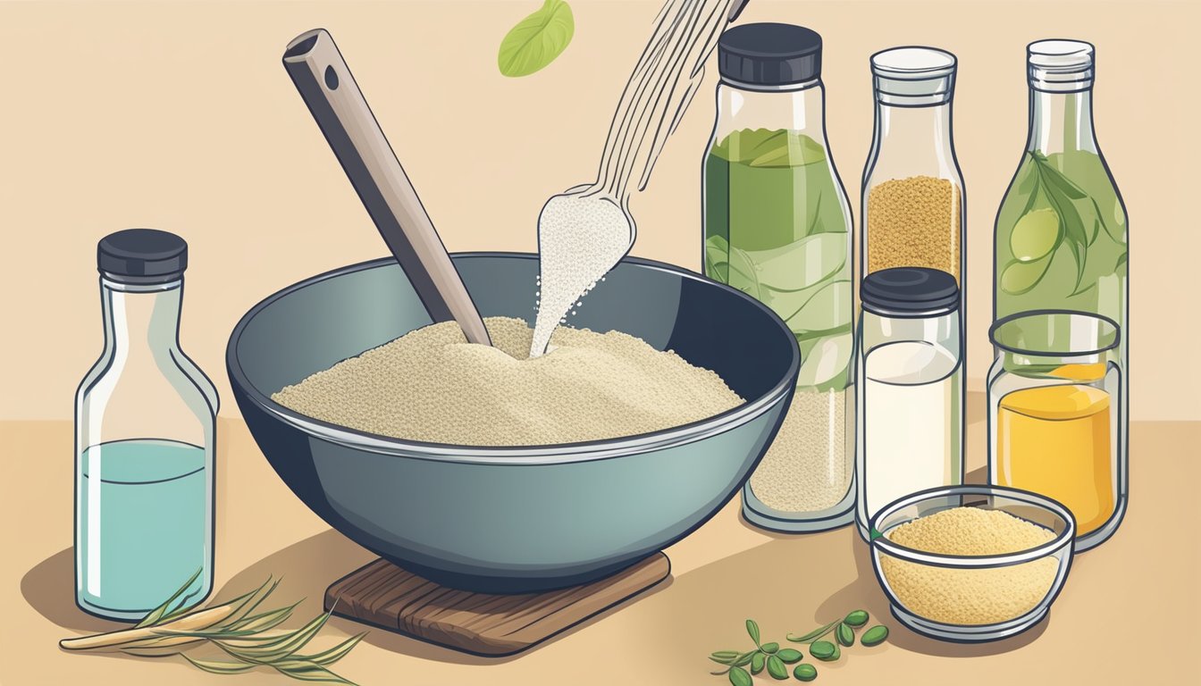 A hand pouring guar bean flour into a mixing bowl with other gluten-free baking ingredients