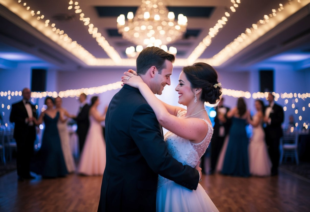 A couple dancing in a dimly lit ballroom, surrounded by twinkling lights and soft music