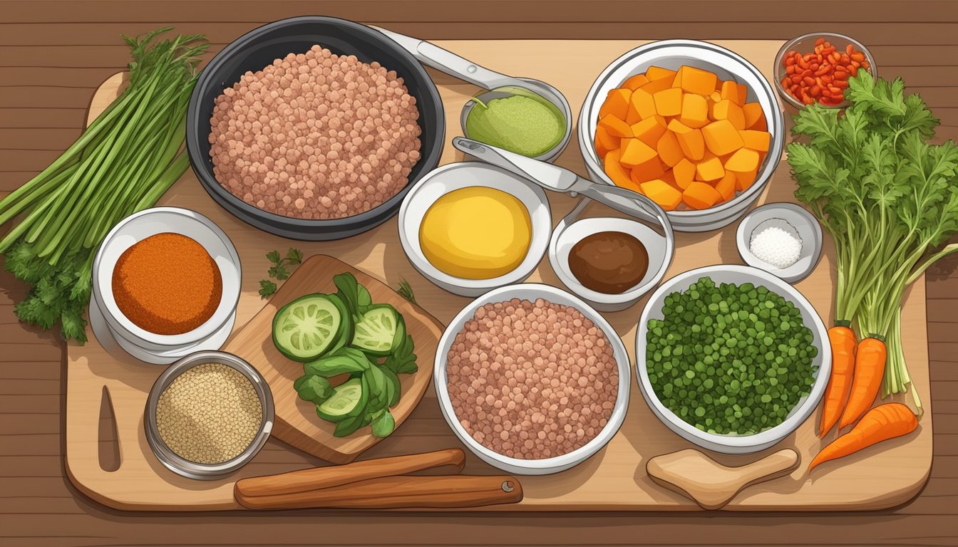 A cutting board with diced vegetables and a bowl of ground turkey substitute, surrounded by various spices and cooking utensils