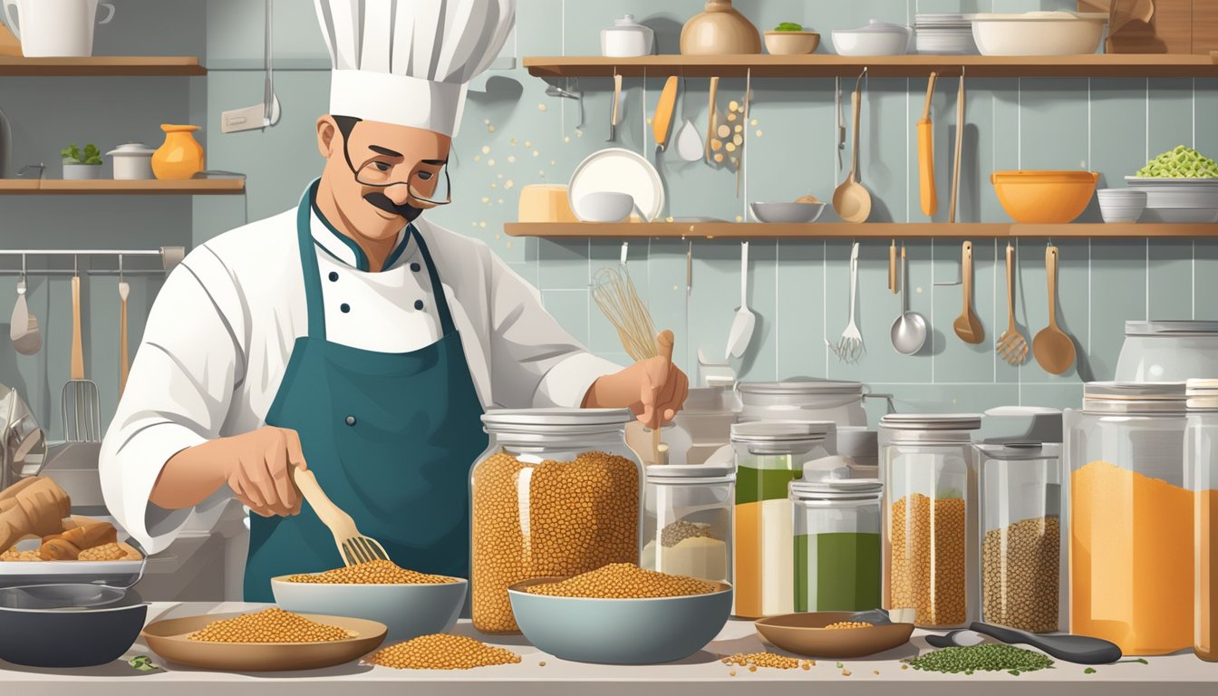 A chef reaching for a jar of lentils on a cluttered kitchen counter, with various cooking utensils and ingredients scattered around