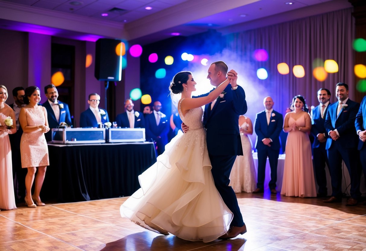 A couple dancing in a spotlight while guests watch, with a DJ booth in the background and colorful lights filling the reception hall