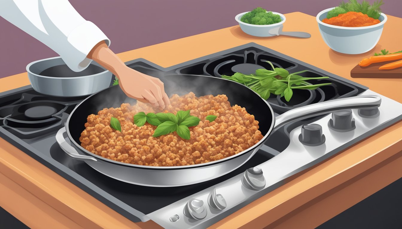 A chef cooks ground turkey substitutes with various herbs and spices in a sizzling skillet on a stovetop