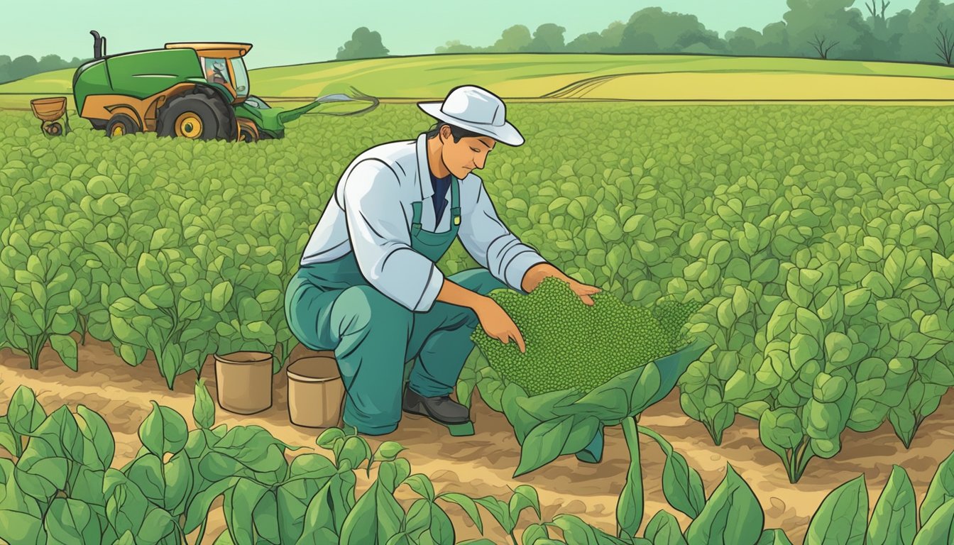 A farmer harvesting guar beans in a field, while a scientist in a lab experiments with potential substitutes