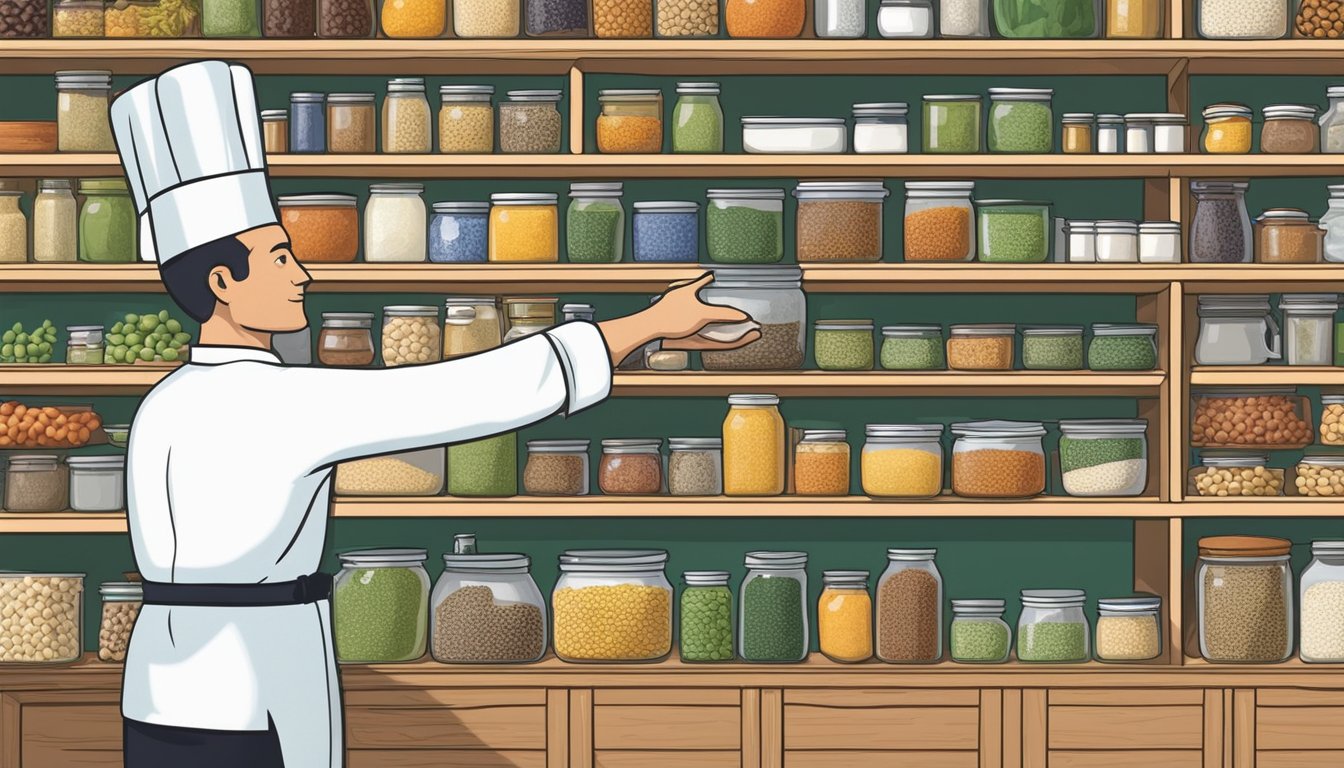 A chef reaching for a can of guar beans while standing in front of a shelf filled with various substitute ingredients for recipes