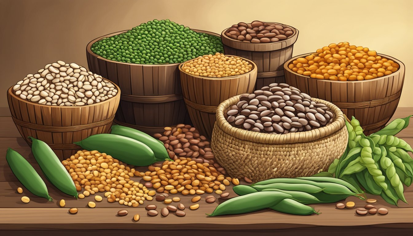 A pile of guaje beans spills from a woven basket onto a rustic wooden table, surrounded by various other types of beans and legumes