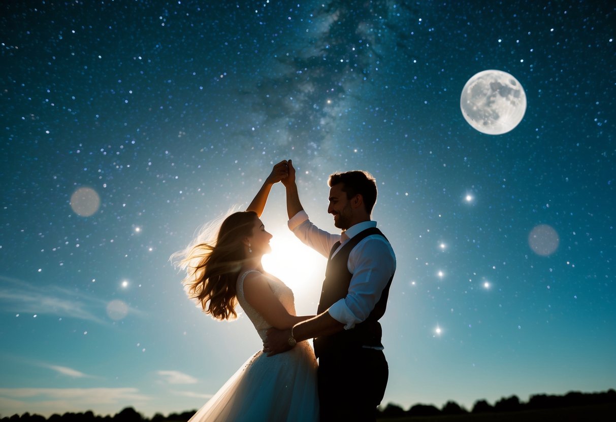 A couple dancing under a starry sky with a full moon shining down on them
