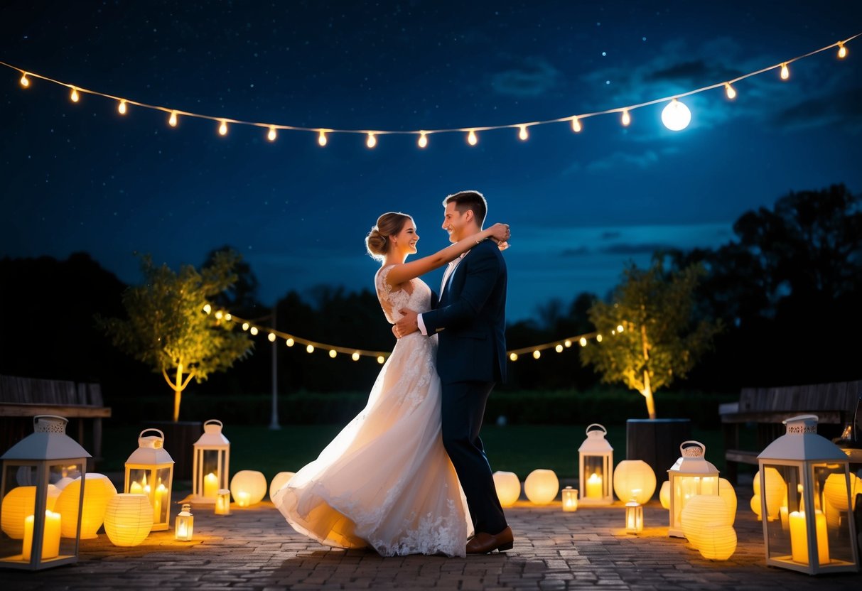A couple dancing under the stars, surrounded by glowing lanterns and the soft glow of moonlight