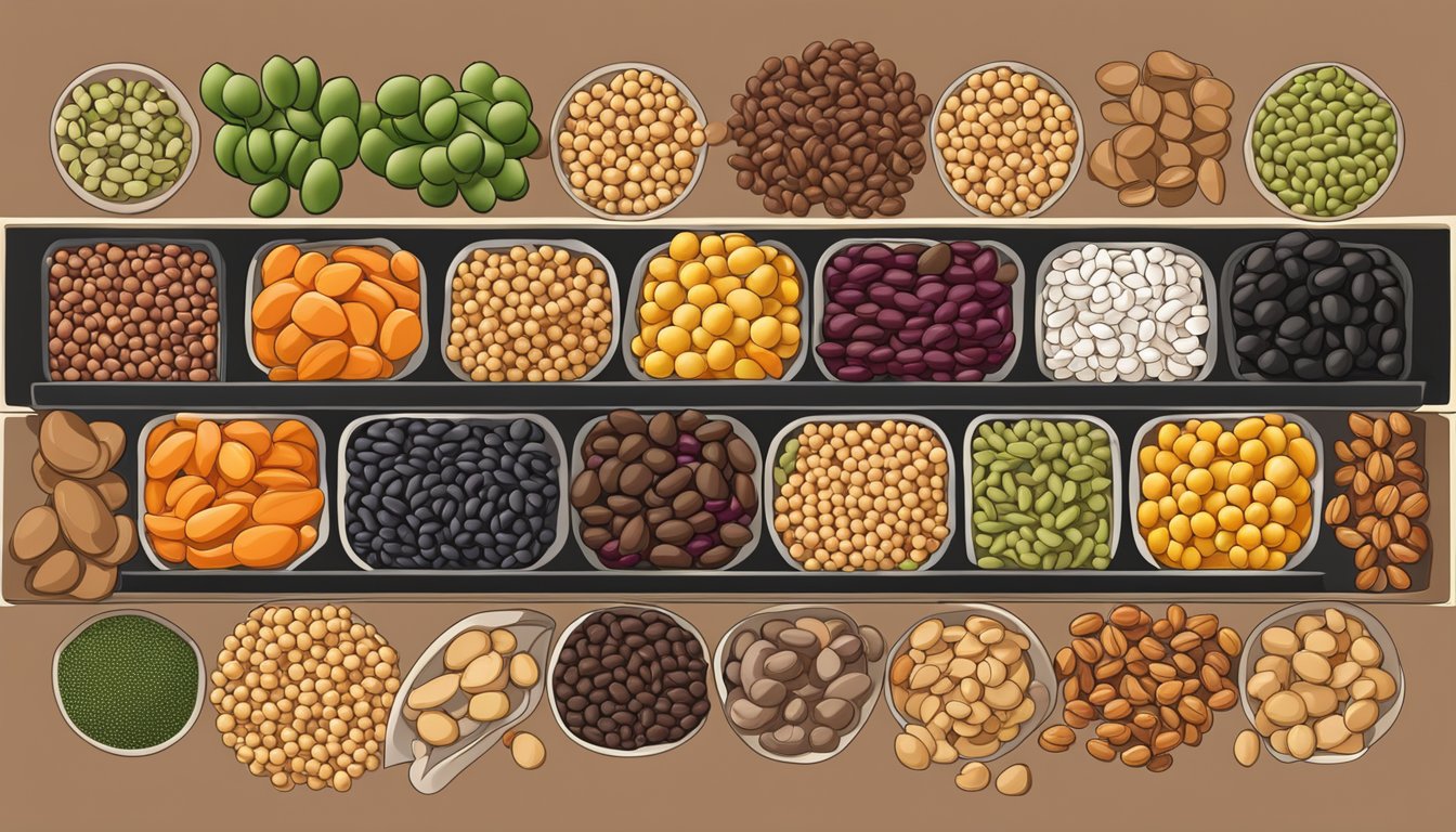 A variety of legumes arranged in a colorful display, including lentils, chickpeas, and black beans, with guaje beans highlighted as a focal point