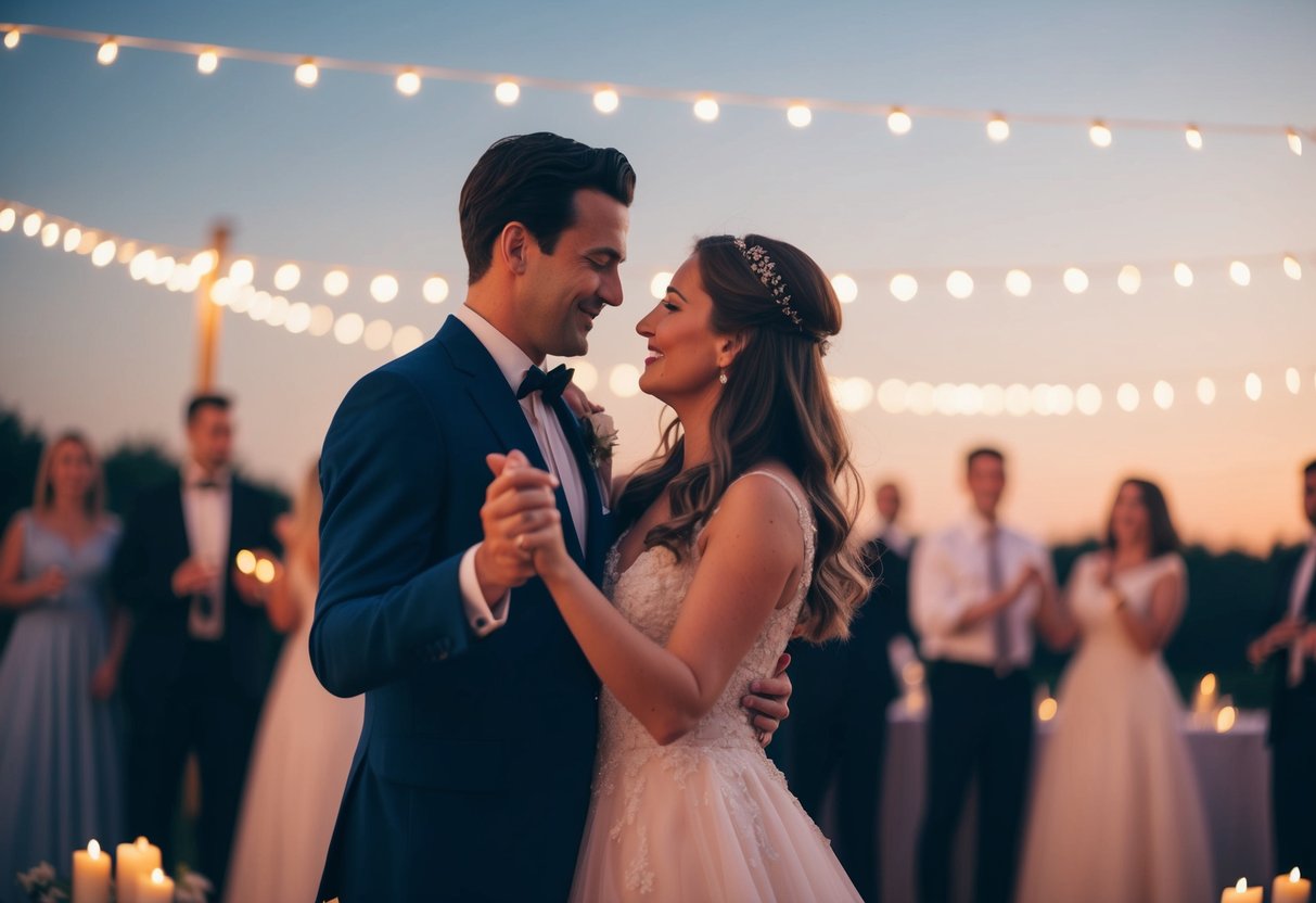 A couple dancing under the stars, surrounded by soft candlelight and the sound of a classic love song playing in the background