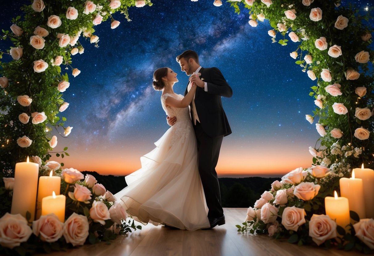 A couple dancing under a starry sky, surrounded by blooming roses and soft candlelight, lost in the emotion of a familiar romantic melody