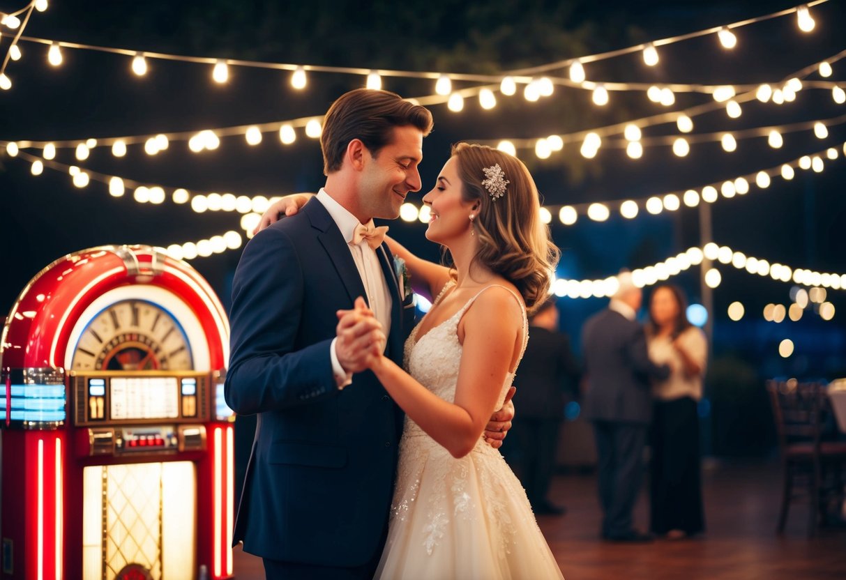 A couple dancing under the stars, surrounded by twinkling lights, with a jukebox playing a classic romantic song