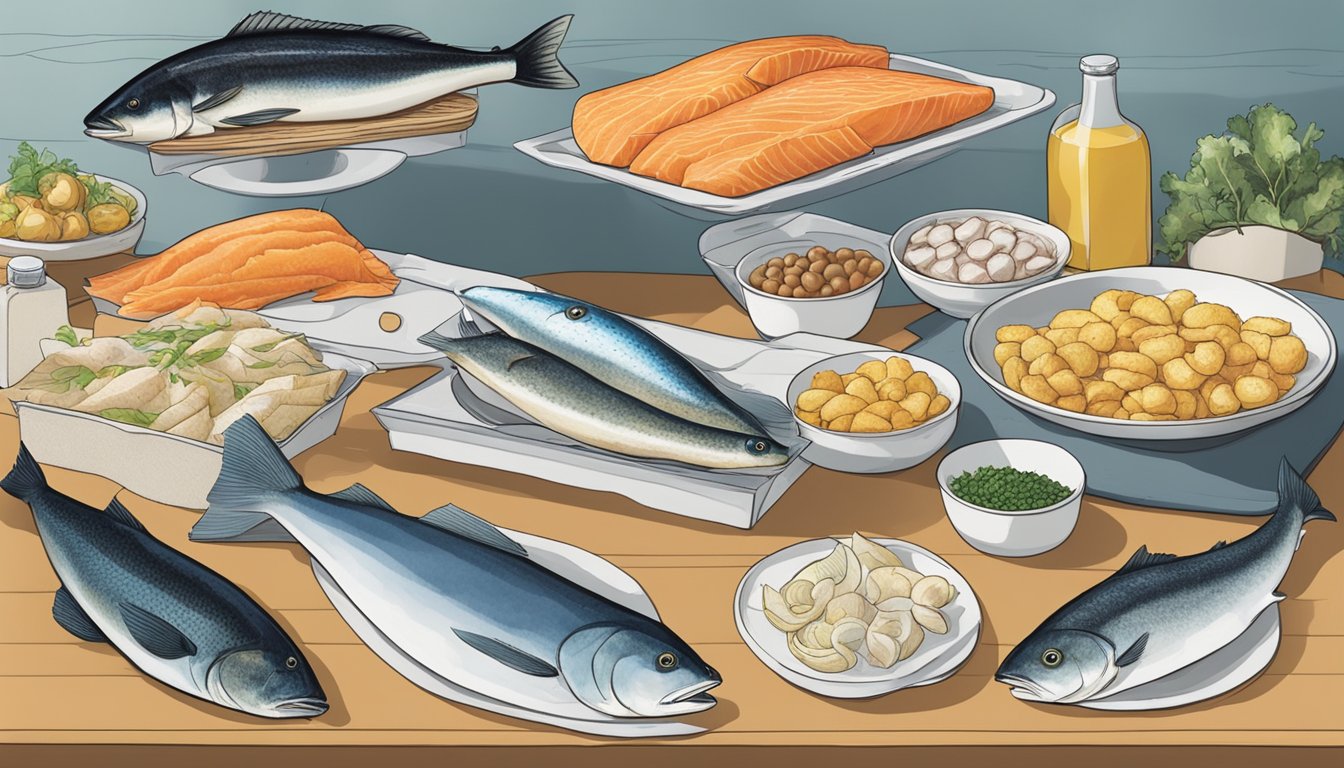 A variety of fish options displayed on a counter, including smoked haddock substitutes such as cod, pollock, and halibut