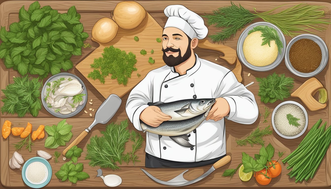 A chef prepares a dish with various haddock substitutes, including cod and pollock, on a wooden cutting board surrounded by fresh herbs and spices