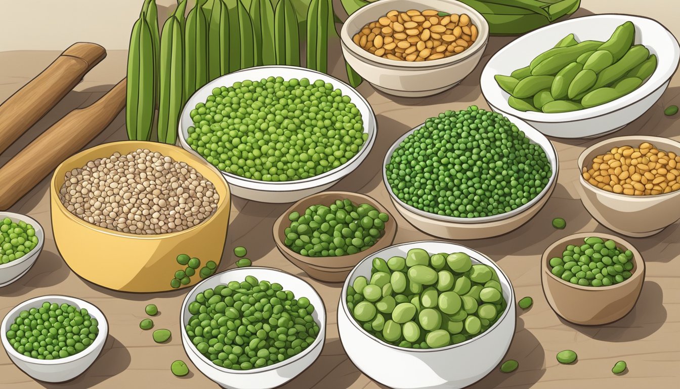 A kitchen counter with guaje beans and their substitutes: green peas, edamame, or green beans in bowls