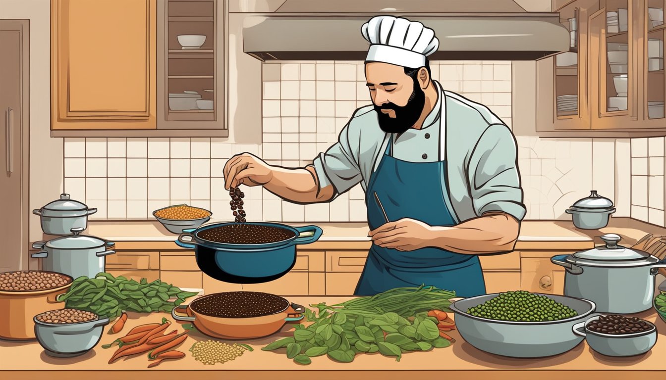 A chef adds guaje beans to a pot of simmering soup, replacing traditional ingredients in a vibrant, bustling kitchen