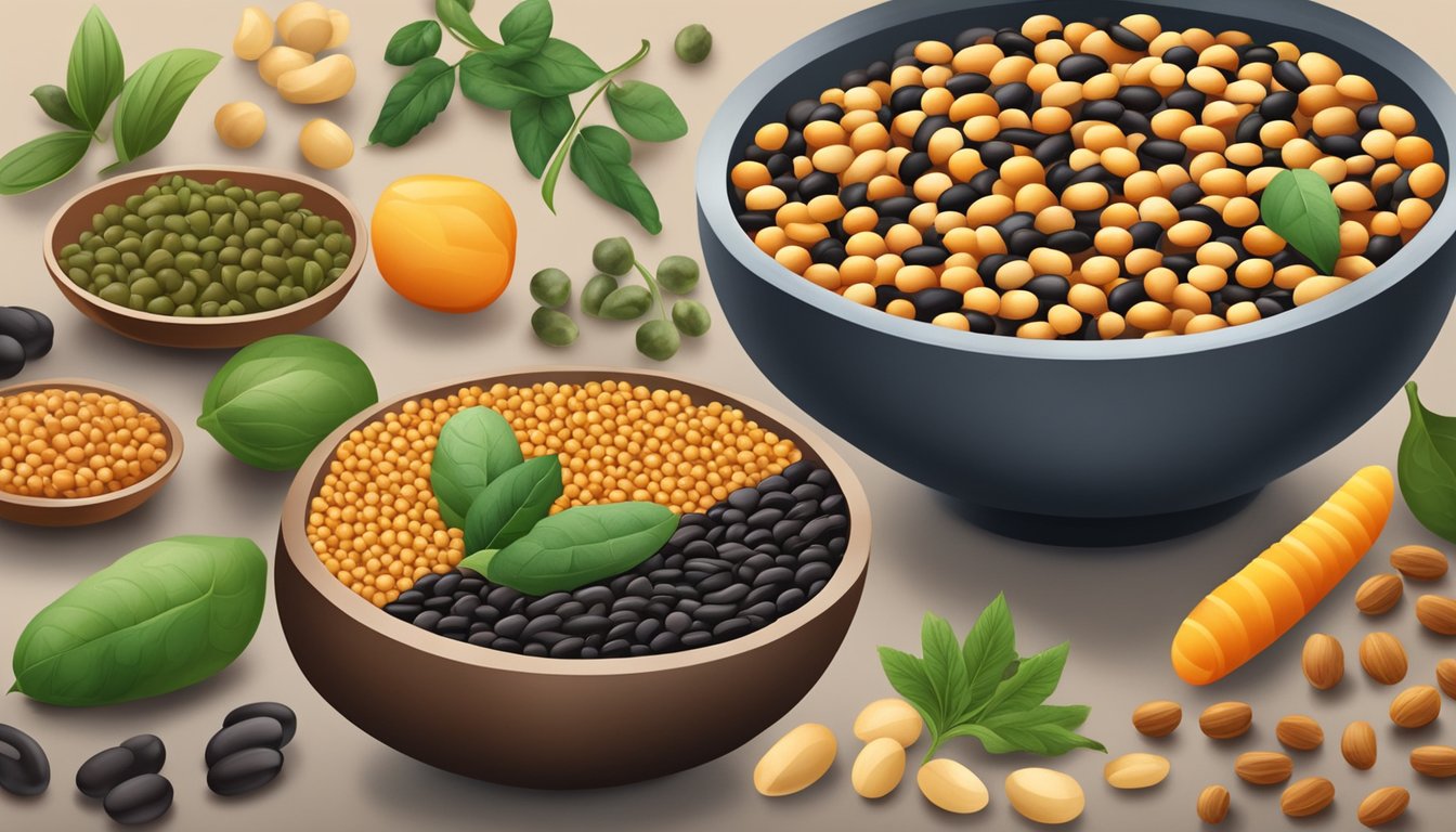 A bowl of guaje beans surrounded by various alternative ingredients like lentils, chickpeas, and black beans