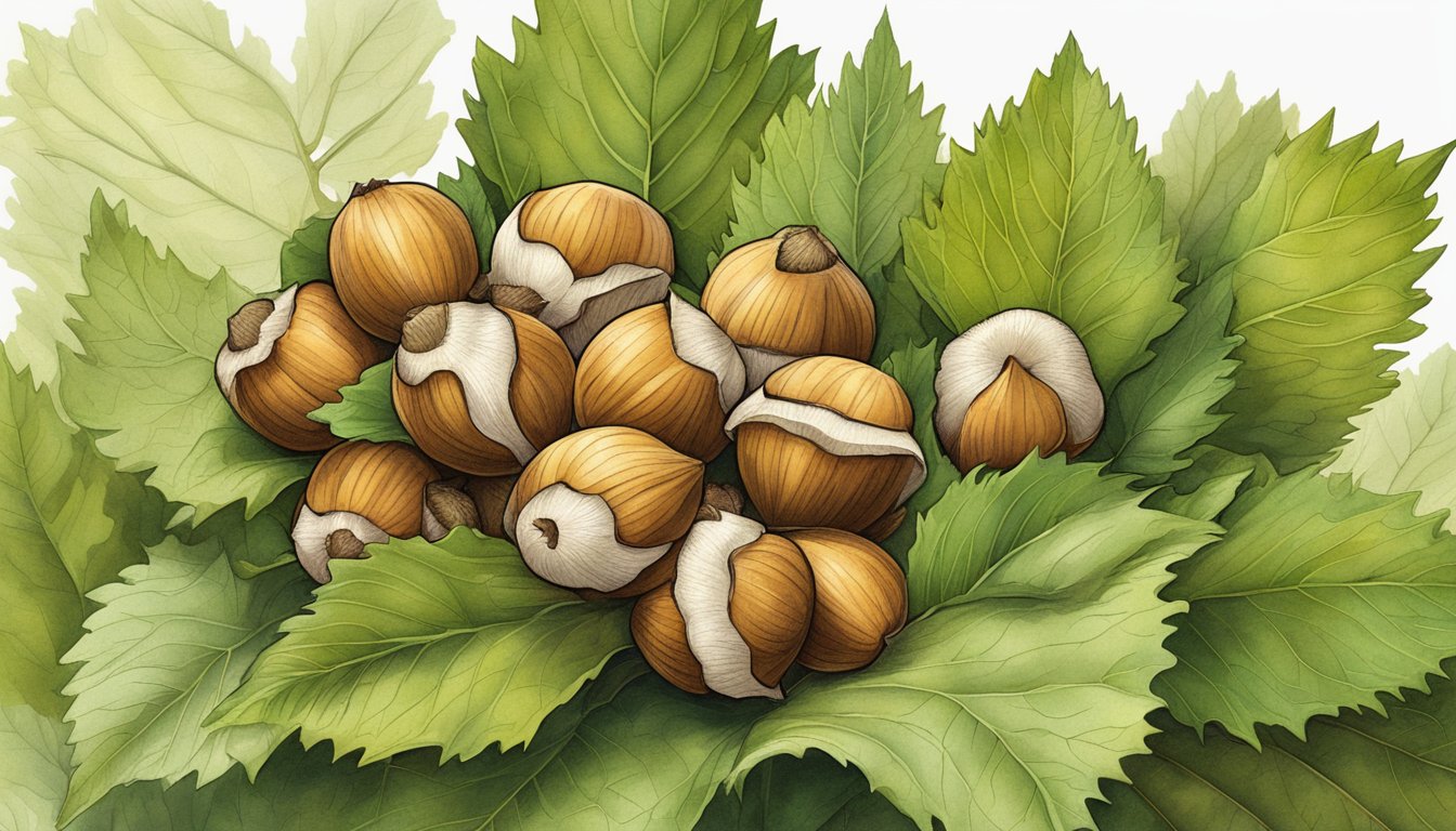 A cluster of hazelnuts nestled among their leaves, showcasing their unique shape and texture