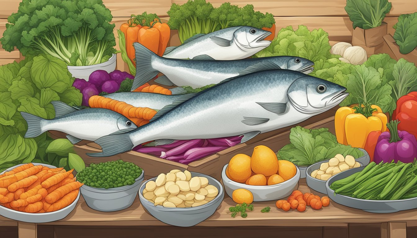 A variety of haddock substitutes displayed on a vibrant, market stall with fresh, colorful vegetables and herbs in the background