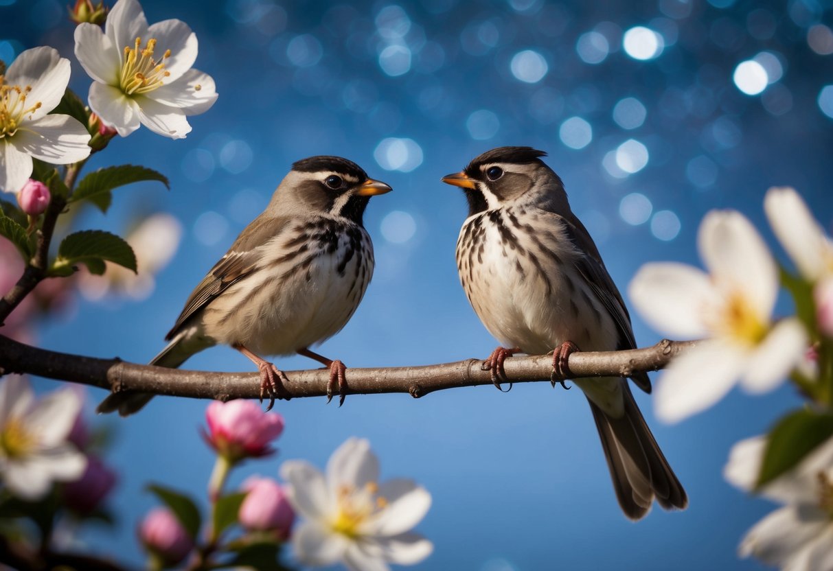 Two birds perched on a branch, surrounded by blooming flowers under a starry sky