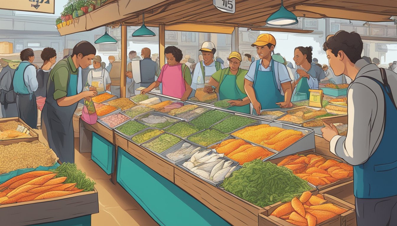 A bustling market stall displays various fish substitutes, including haddock alternatives, in colorful packaging. Customers browse and point at the products