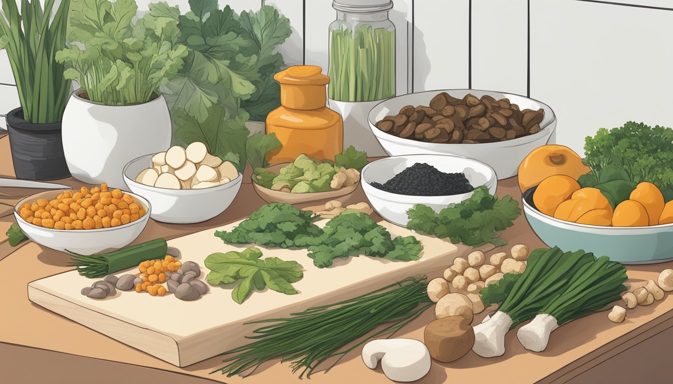 A variety of plant-based ingredients arranged on a kitchen counter, including tofu, tempeh, mushrooms, and seaweed, with a cutting board and knife nearby