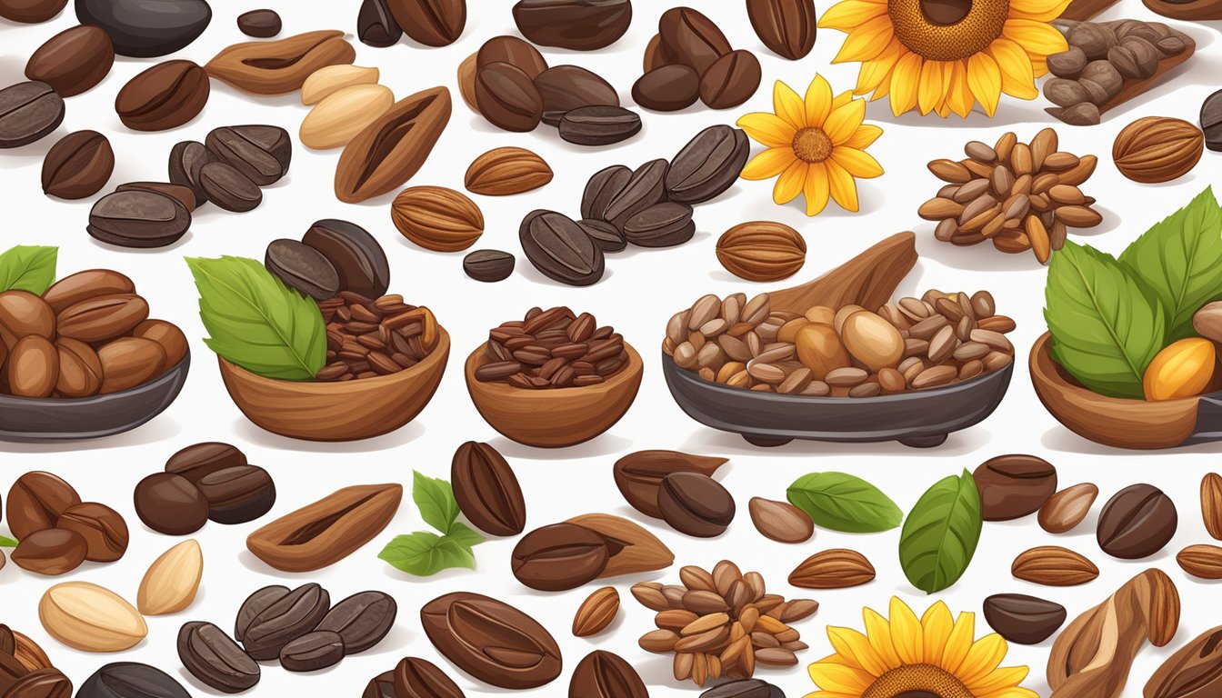 A variety of non-nut ingredients such as cocoa beans, sunflower seeds, and coffee beans arranged in a colorful and appealing display