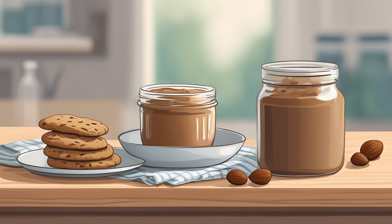 A jar of hazelnut spread sits next to a bowl of almond butter, with a stack of homemade hazelnut flour cookies on a wooden cutting board