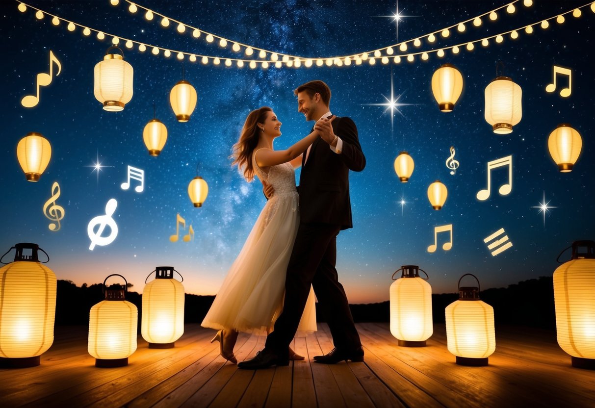 A couple dancing under a starry sky, surrounded by glowing lanterns and a mix of classic and modern music symbols