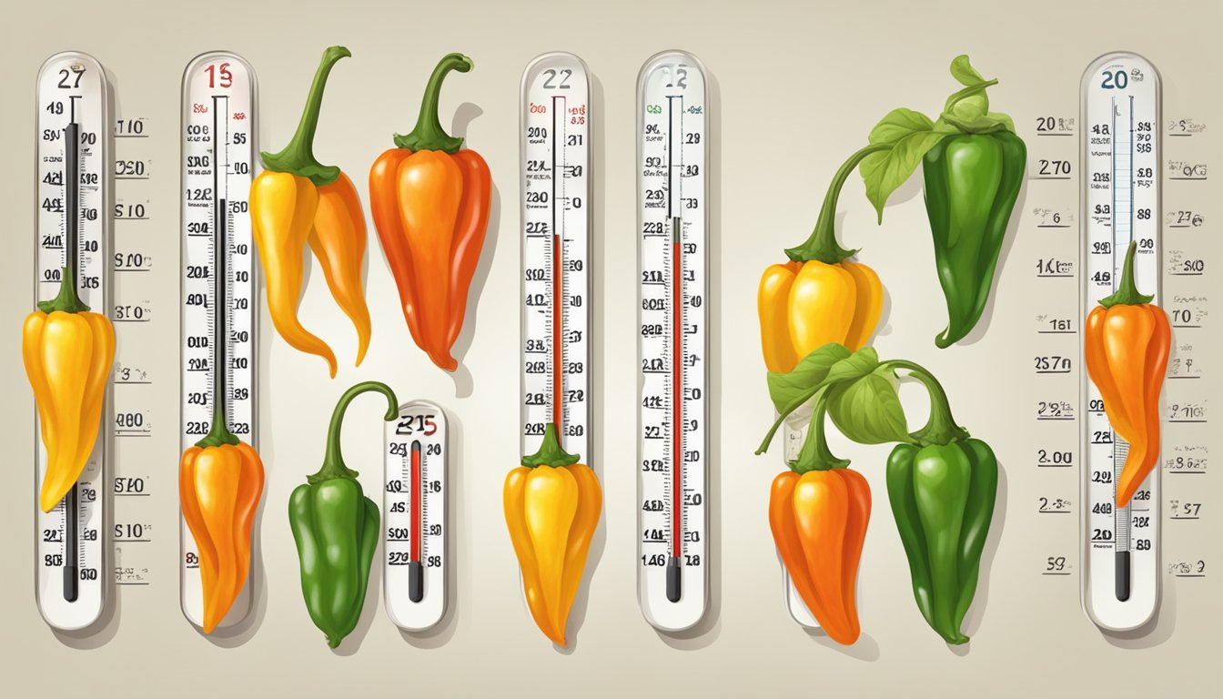 A variety of habanero peppers arranged in a row, with a thermometer measuring their heat levels