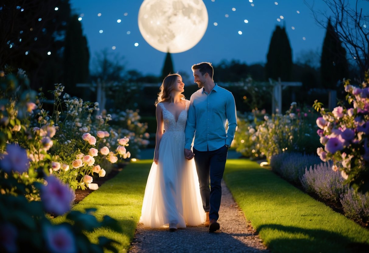 A couple strolling through a moonlit garden, surrounded by blooming flowers and twinkling stars, lost in each other's gaze