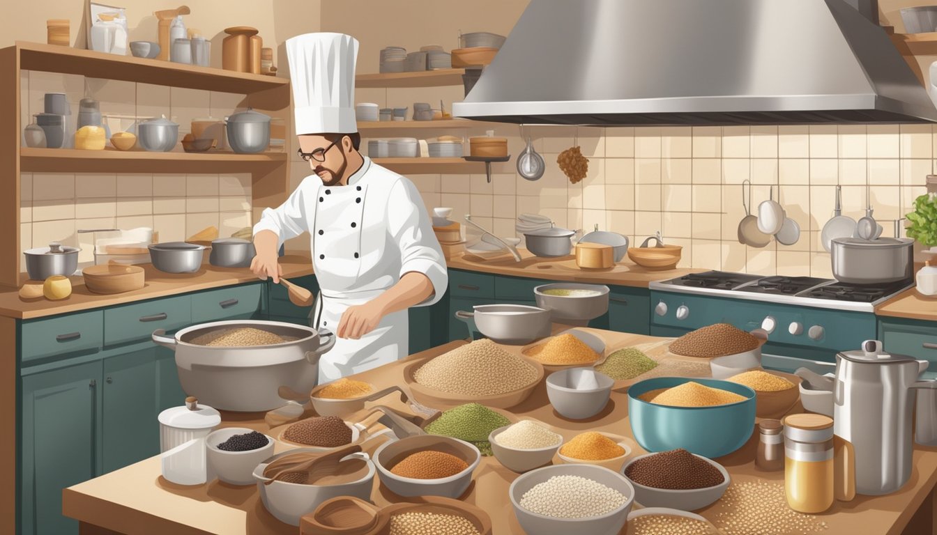 A chef experimenting with various hazelnut substitutes in a bustling kitchen, surrounded by different ingredients and cooking utensils