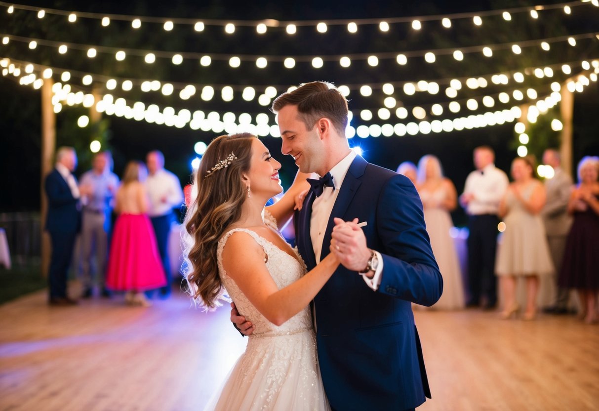 A couple dancing under the stars, surrounded by twinkling lights and soft music playing in the background