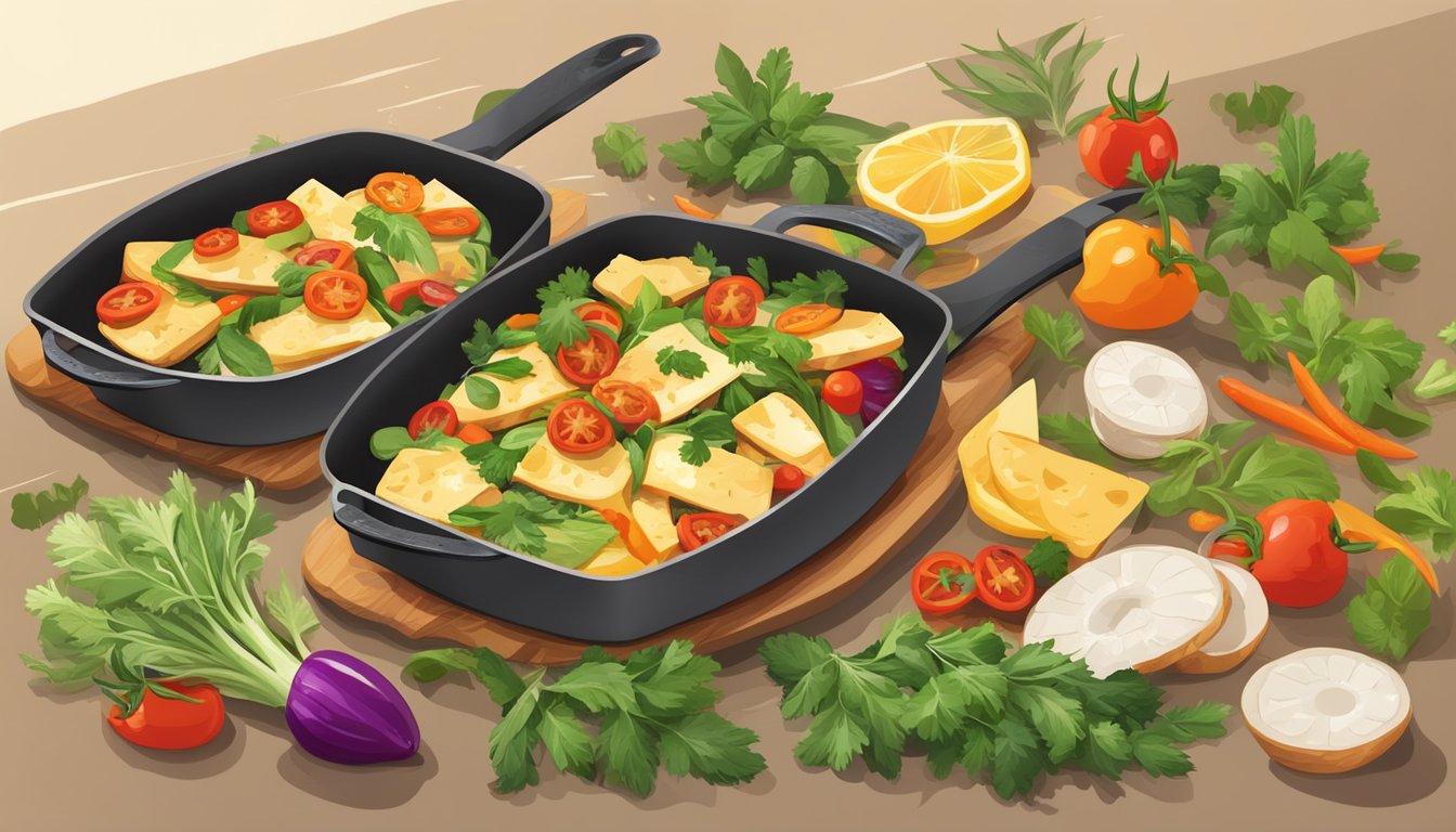 A sizzling pan with golden-brown halloumi cheese slices, surrounded by fresh herbs and colorful vegetables, ready to be served as a delicious substitute